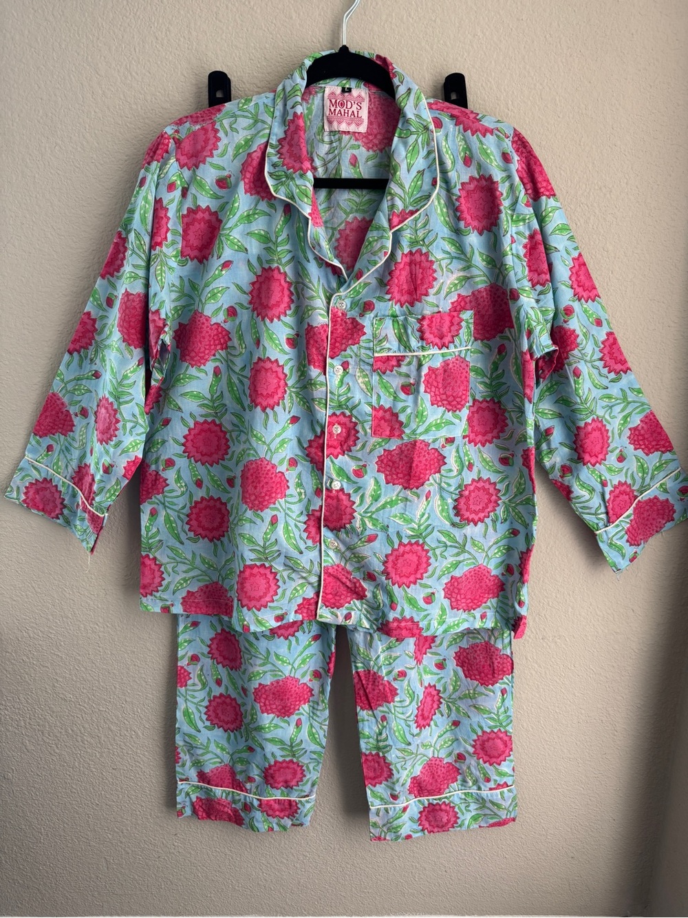 Mod’s Mahal Floral Cotton Pajama Set Pink Blue Block Print Size Large Fits S/M